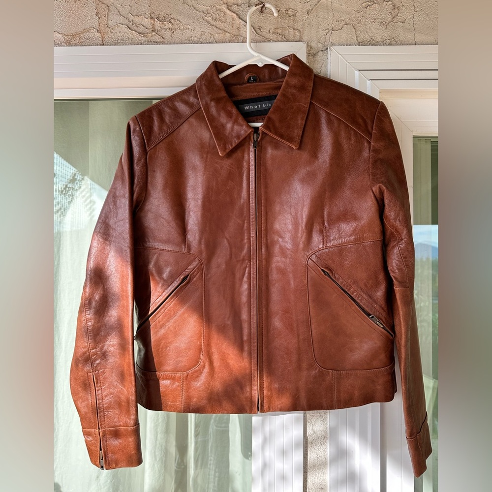 Vintage Brown Whet Blu Leather Jacket, Size Large . Real Leather.